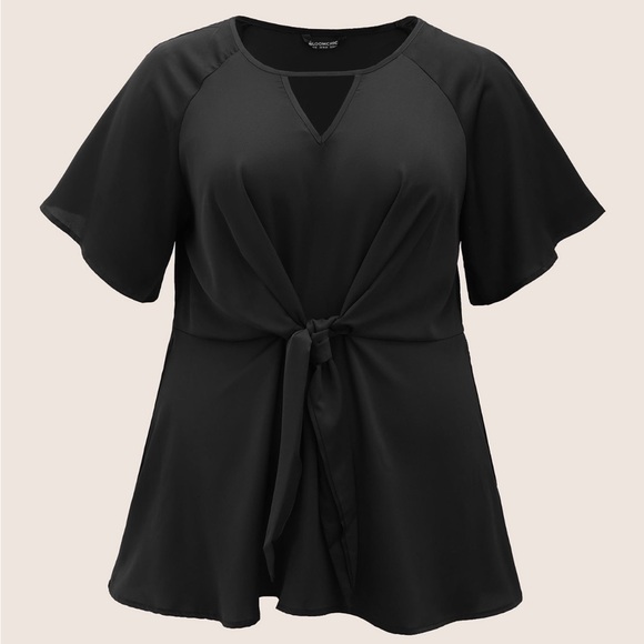 BloomChic Plain Keyhole Knotted Front Ruffle Sleeve Blouse Black - Picture 7 of 8